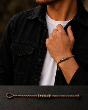 Wax Thread, Wood Bead & Hand-Painted Bone Bracelet